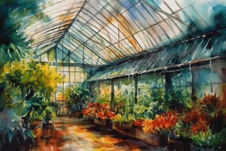 玻璃房一个充满茂密植被的地热温室水彩画插画