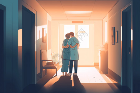 护士拥抱医院走廊上的医生患者插画