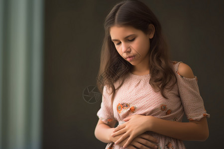 长发女孩手捂着肚子高清图片