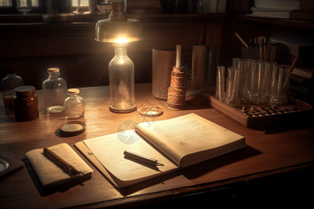 灯光下的木桌书本图片