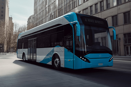 蓝色大巴能源公交车行驶在街道上设计图片