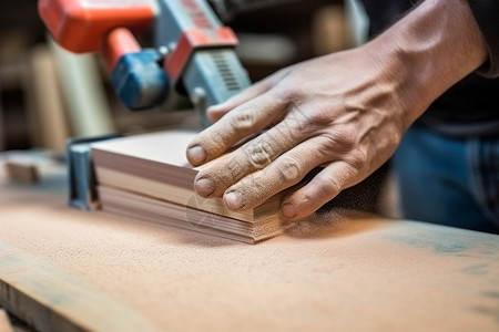 木匠用砂纸打磨木板背景图片