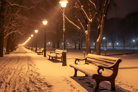 路边长椅上落着的雪背景图片