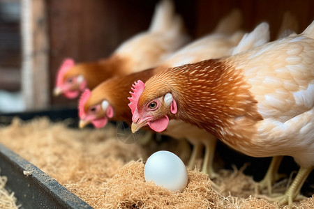 动物蛋鸡窝里的鸡和蛋背景