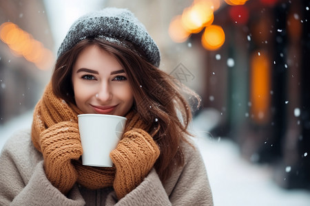 寒冬街头喝咖啡的女孩背景图片