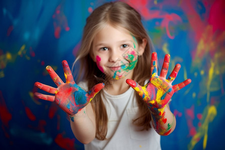 小女孩的手沾满了油漆背景图片
