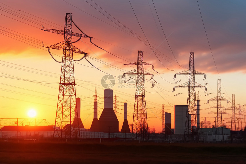 日落的高压发电工厂图片