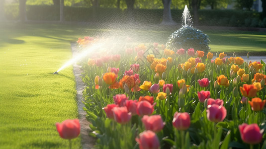 草坪浇水五颜六色的郁金香背景