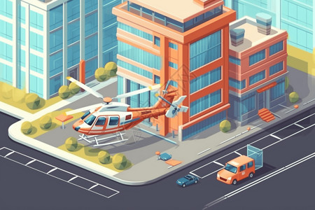 医院建筑前的急救直升机图片