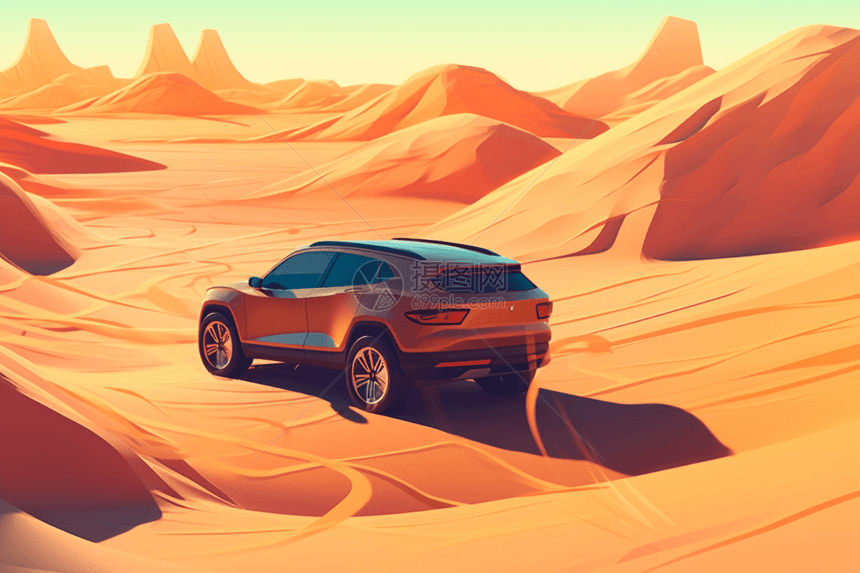 汽车在沙漠中行驶图片