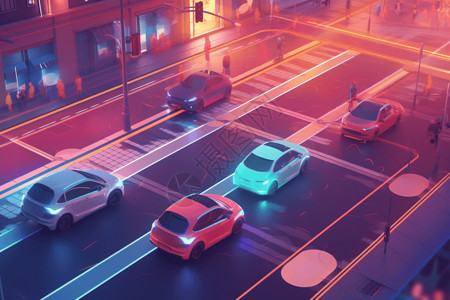 智能交通灯正在行驶的电动车插画