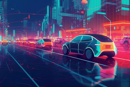 智能交通灯智慧城市里的电动汽车插画