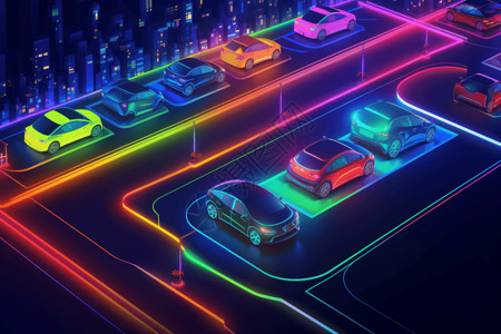 智能互动电动汽车与智慧城市互动插画
