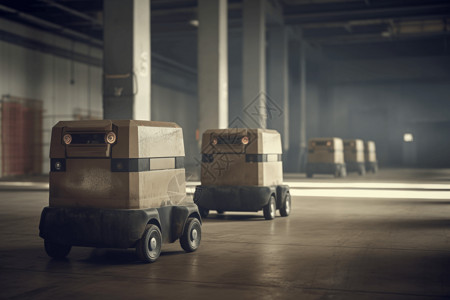 叉车搬运送货机器人搬运包裹的特写镜头设计图片