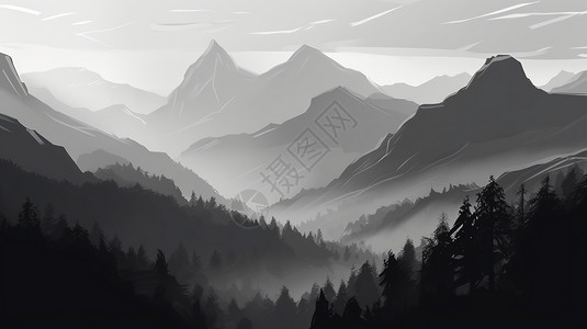 雾蒙蒙的景色灰色雾蒙蒙的山脉插画
