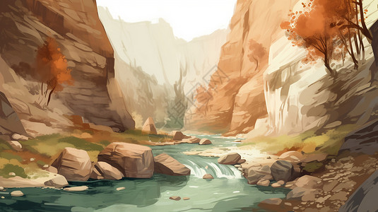 古龙山峡谷峡谷中流动的河流插画