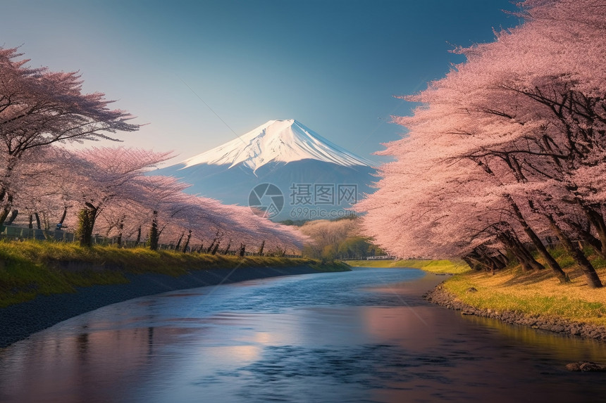 富士山春季景观和樱花河流图片
