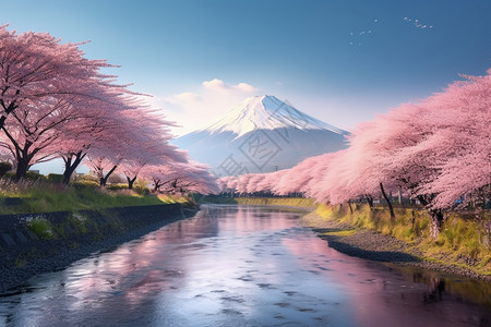 富士山下富士本春季景观和樱花河流插画