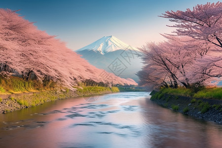 富士山和樱花春季景观和樱花河流插画
