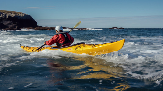 黄色粒子海波浪海面上的皮划艇和运动员背景