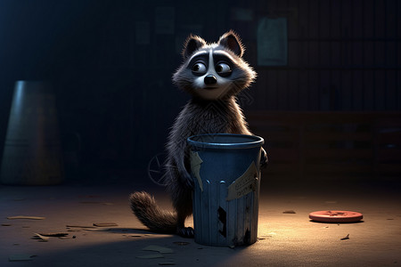 晚上探索垃圾桶的浣熊背景图片