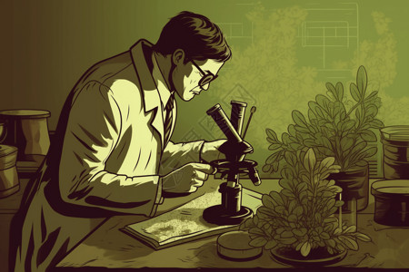 中药研究在分析研究草药的科学家插画