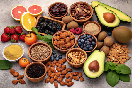 富含蛋白质的活力能量和健身超级食品与水果背景