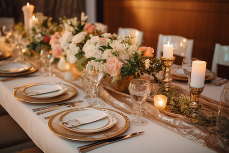 婚礼宴会桌上的盘子精致的摆放着高清图片