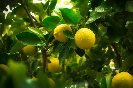 柠檬树上结着柠檬果实高清图片