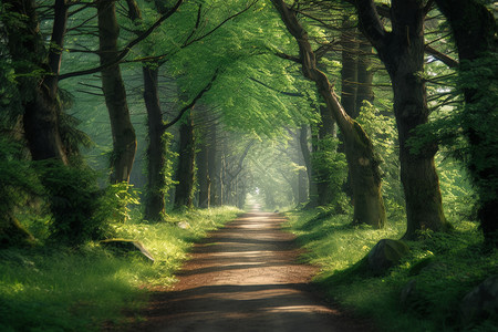 绿影晃动森林中的田园小路背景