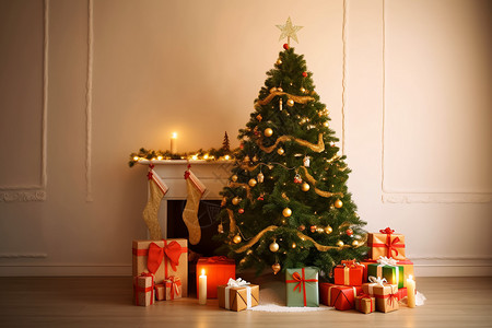 金球圣诞树与礼物盒背景