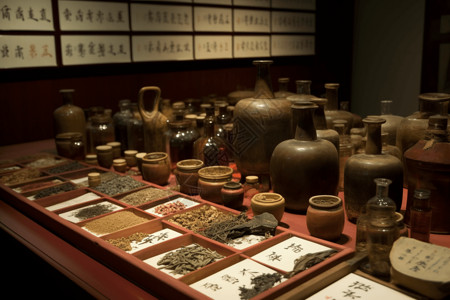 中医博物馆各种的中药材展示背景