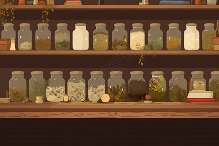 中药柜台装着各种草药的罐子插画