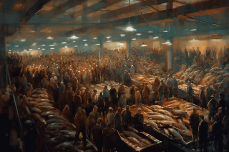 大市场一场拥挤的鱼拍卖插画