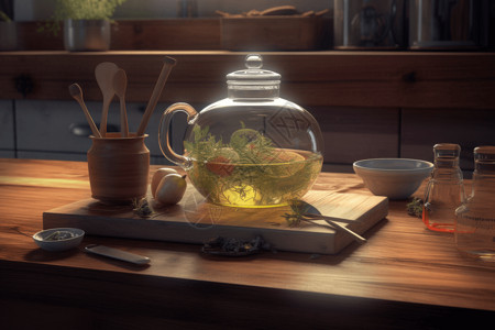 凉茶木桌上的茶壶和草药插画