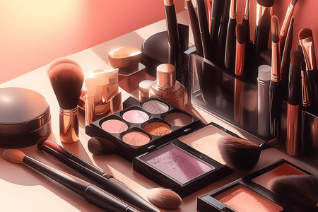 化妆粉饼工作室内的化妆刷和彩妆设计图片