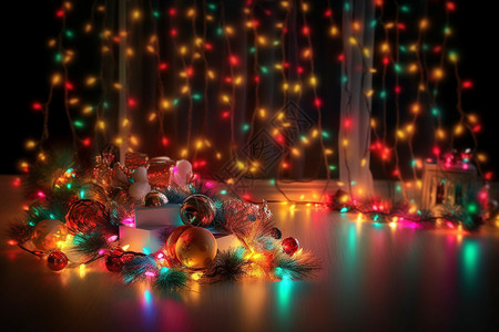 美丽圣诞树圣诞灯花环布置图设计图片
