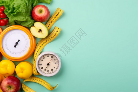 体重控制蓝色背景中的健康饮食背景