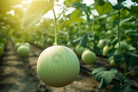 温室农场种植的甜瓜图高清图片