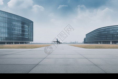 由飞机和现代建筑主导的空广场高清图片