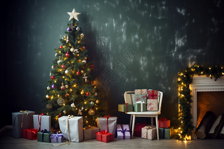 圣诞树旁边堆满了礼物盒图片