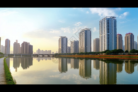 城市湖畔高楼景观图片图片