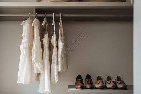 白色衣物挂在白色衣柜的栏杆上的衣服背景