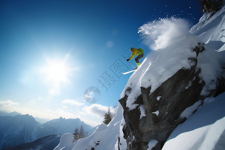 在悬崖上滑雪的滑雪者图片