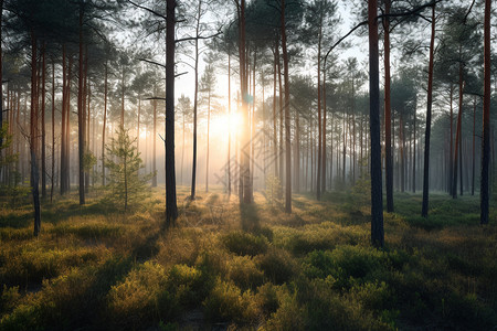 清晨与树林日出背景图片