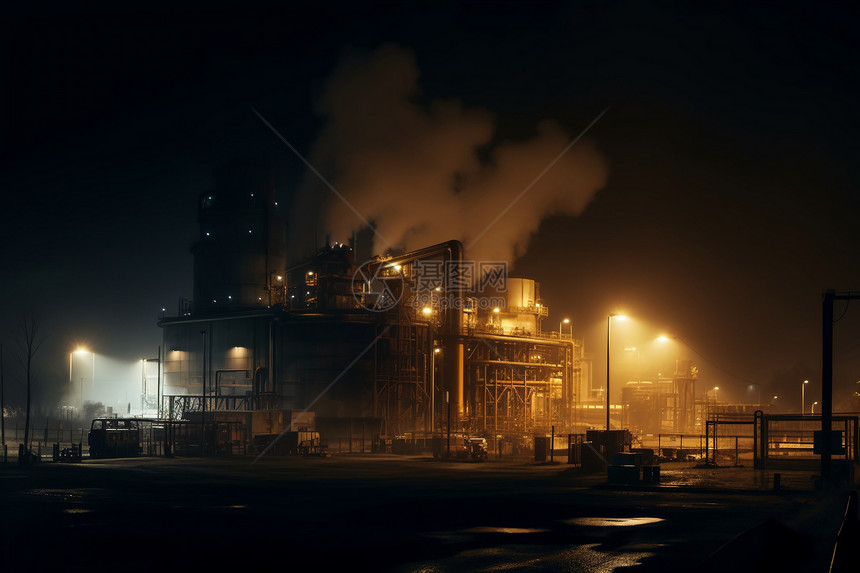 夜间的大型工业工厂图片