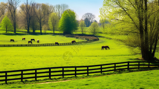牧场里悠闲吃草的马群图片
