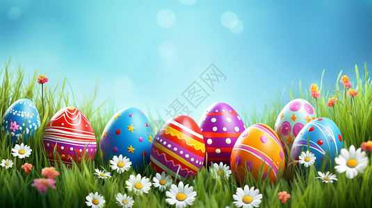 复活节草地上的彩蛋背景图片