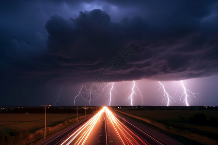 夜间高速公路上的雷电背景图片