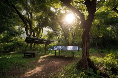生态友好型森林中的太阳能集成电池板背景